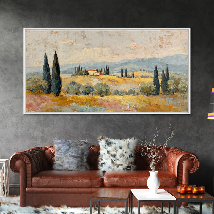Tuscan Cypress Trees and Golden Hillside Framed Canvas Print, Mediterranean Art, Luxury Decor, Living Room Decor, Azure, MAR-2x1-50