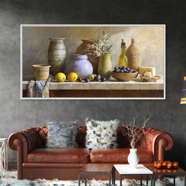 Figs Olives and Cheese Still Life Canvas Print, Mediterranean Art, Oil Painting, Living Room Decor, Azure, Nautical Decor, MAR-2x1-52