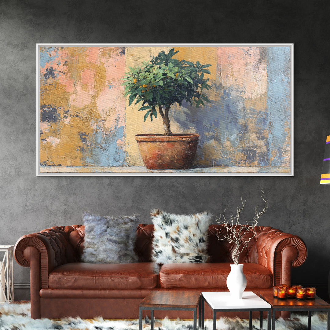 Citrus Tree in Clay Pot Framed Canvas Print, Mediterranean Art, Modern Decor, Living Room Decor, Fine Art, Azure, MAR-2x1-6