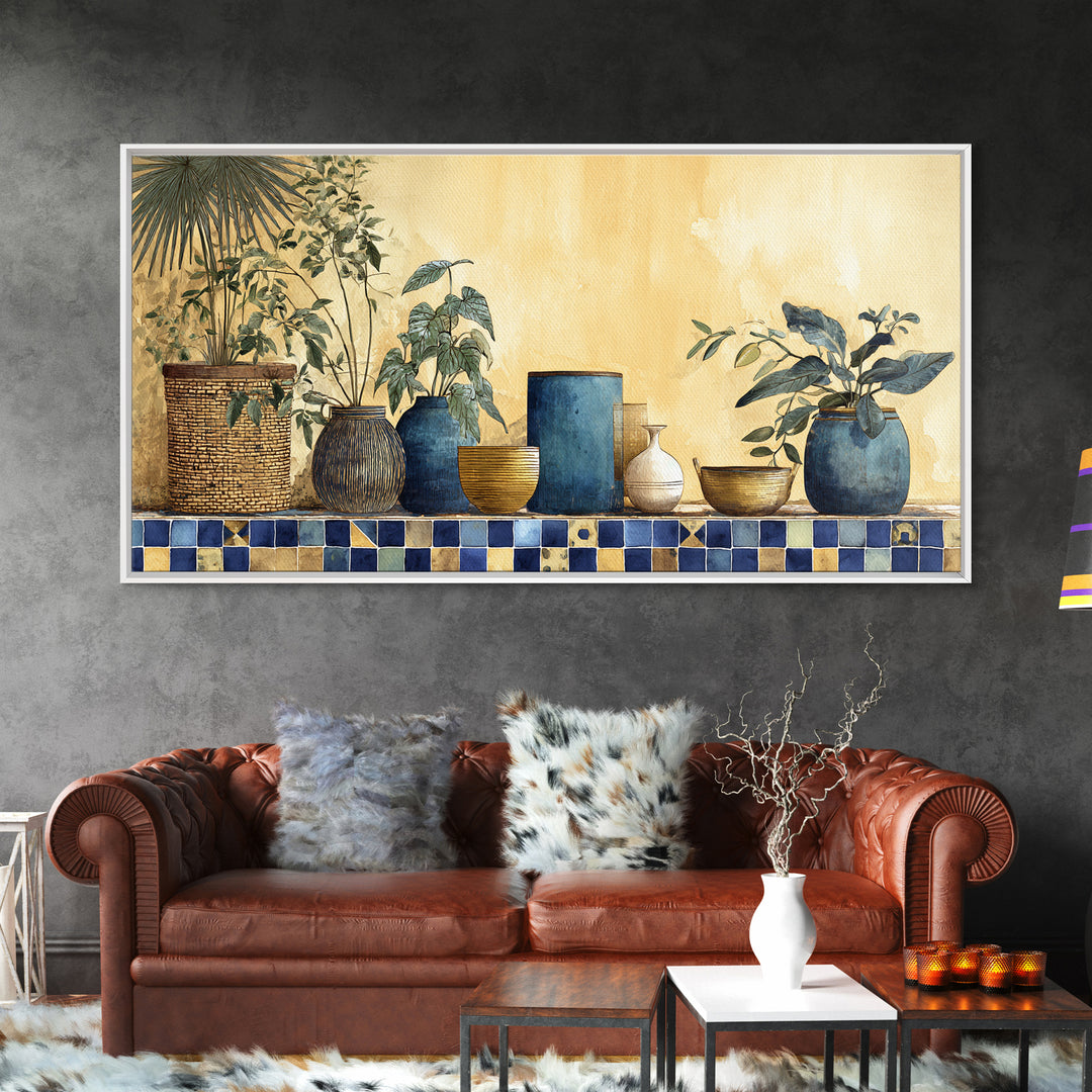 Spanish Tile Ornament Framed Canvas Print, Mediterranean Art, Large Wall Art, Living Room Decor, Oil Painting, Azure, MAR-2x1-60