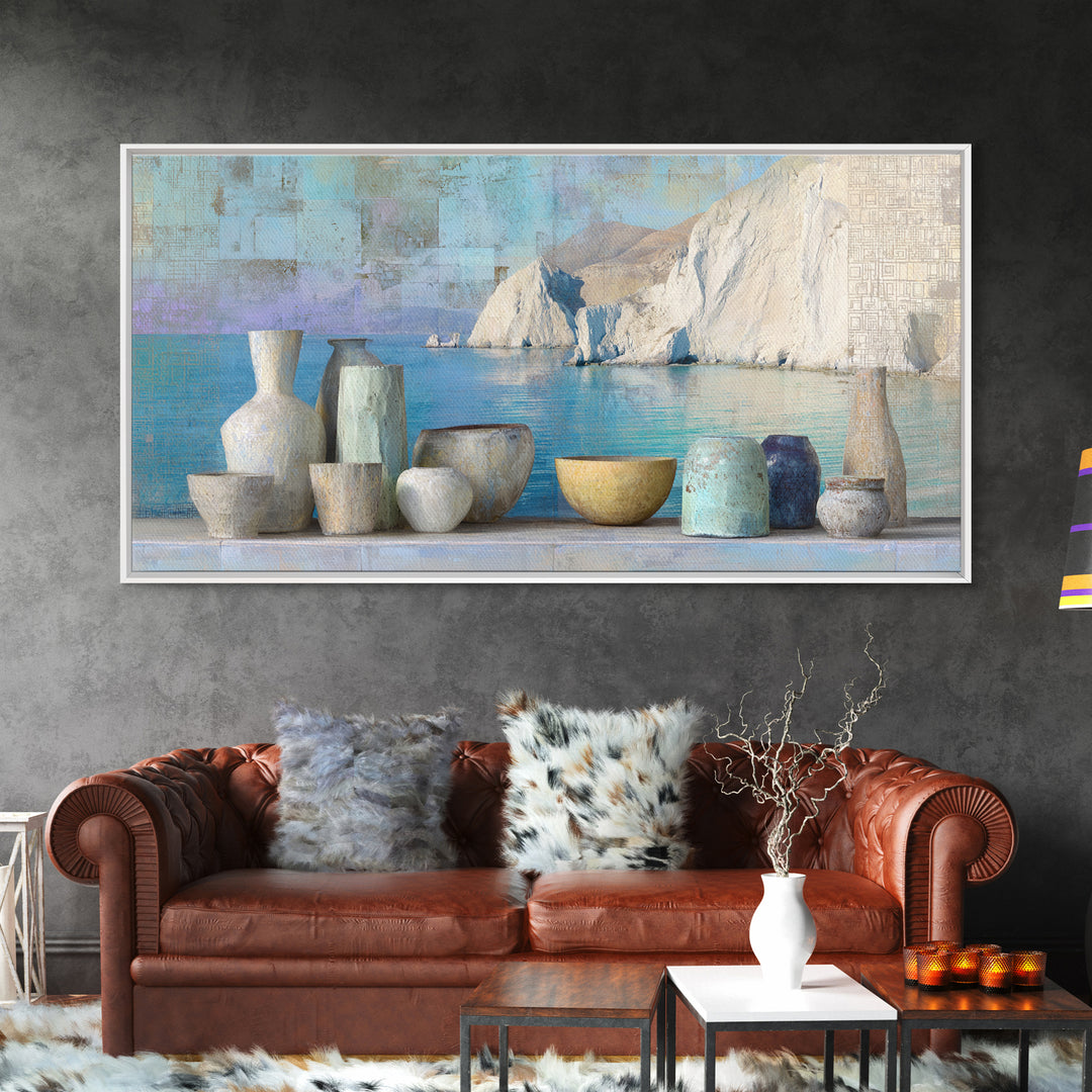 Coastal Cliffs with Sparkling Blue Water Canvas Print, Mediterranean Art, Framed Wall Art, Living Room Decor, Fine Art, Azure, MAR-2x1-64