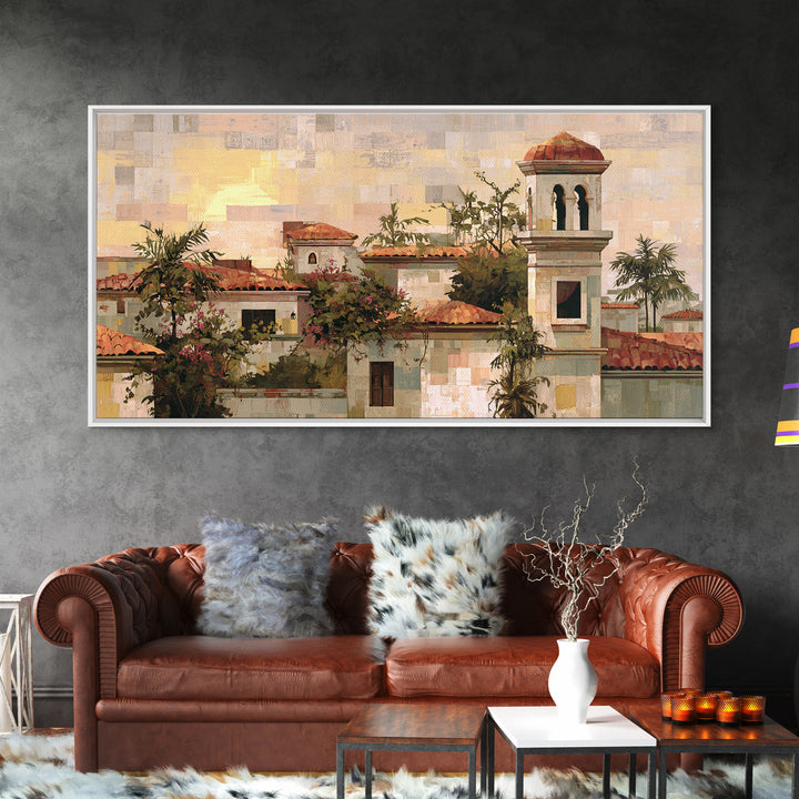 Sunset over Red Tiled Rooftops Framed Canvas Print, Mediterranean Art, Landscape Wall Art, Living Room Decor, Fine Art, Azure, MAR-2x1-67