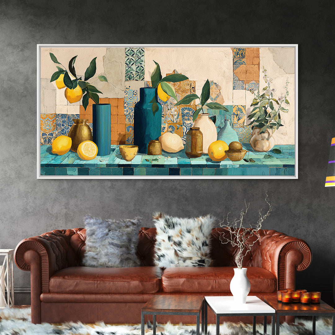 Olive Branch and Lemons on Terracotta Ground Canvas Print, Mediterranean Art, Minimalist Decor, Living Room Decor, Oil Painting, MAR-2x1-70