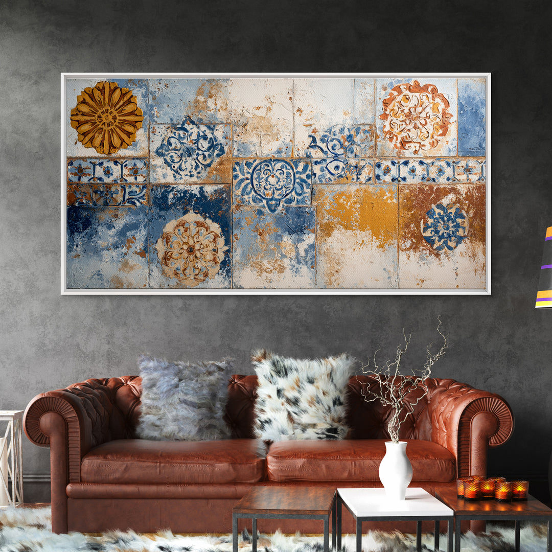 Blue and White Tile Pattern Framed Canvas Print, Mediterranean Art, Printable Art, Living Room Decor, Fine Art, Azure, MAR-2x1-72