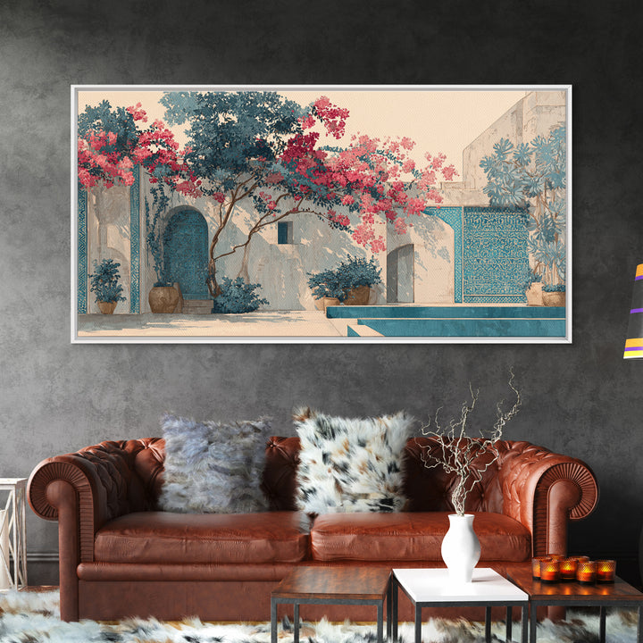 Bougainvillea Cascading over Stone Wall Canvas Print, Mediterranean Art, Home Decor, Living Room Decor, Fine Art, Azure, MAR-2x1-73
