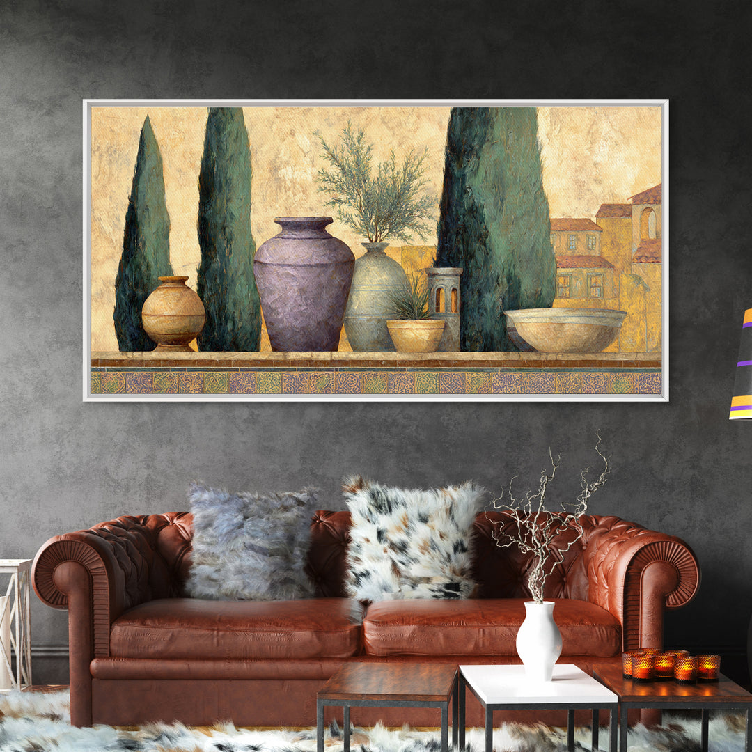 Tuscan Cypress Trees and Golden Hillside Canvas Print, Mediterranean Art, Living Room Decor, Watercolor Art, Azure, MAR-2x1-74