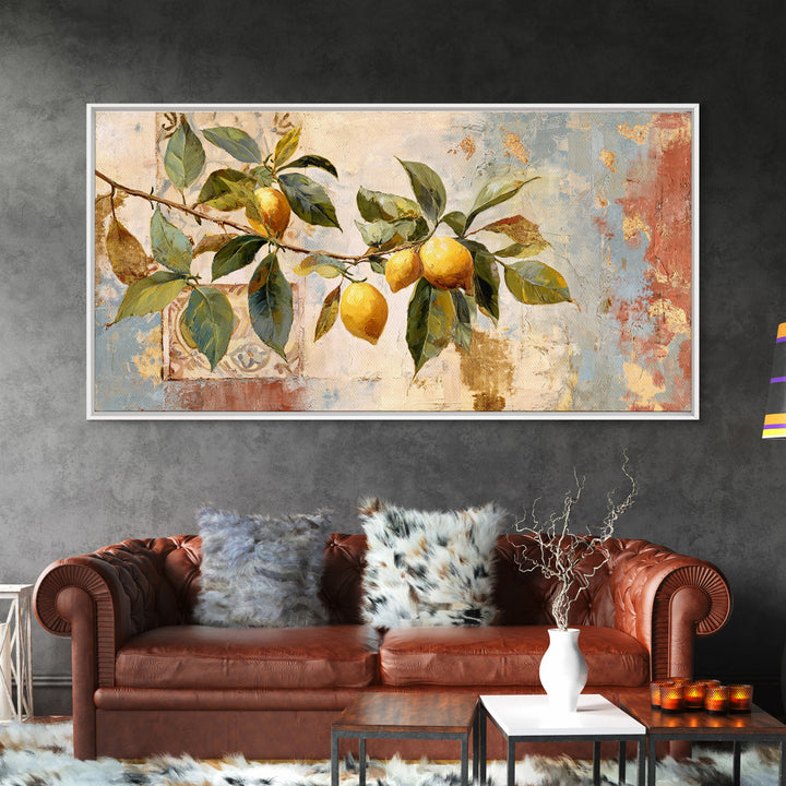 Sicilian Lemon Branch on Ivory Background Framed Canvas Print, Mediterranean Art, Original Painting, Living Room Decor, Azure, MAR-2x1-81