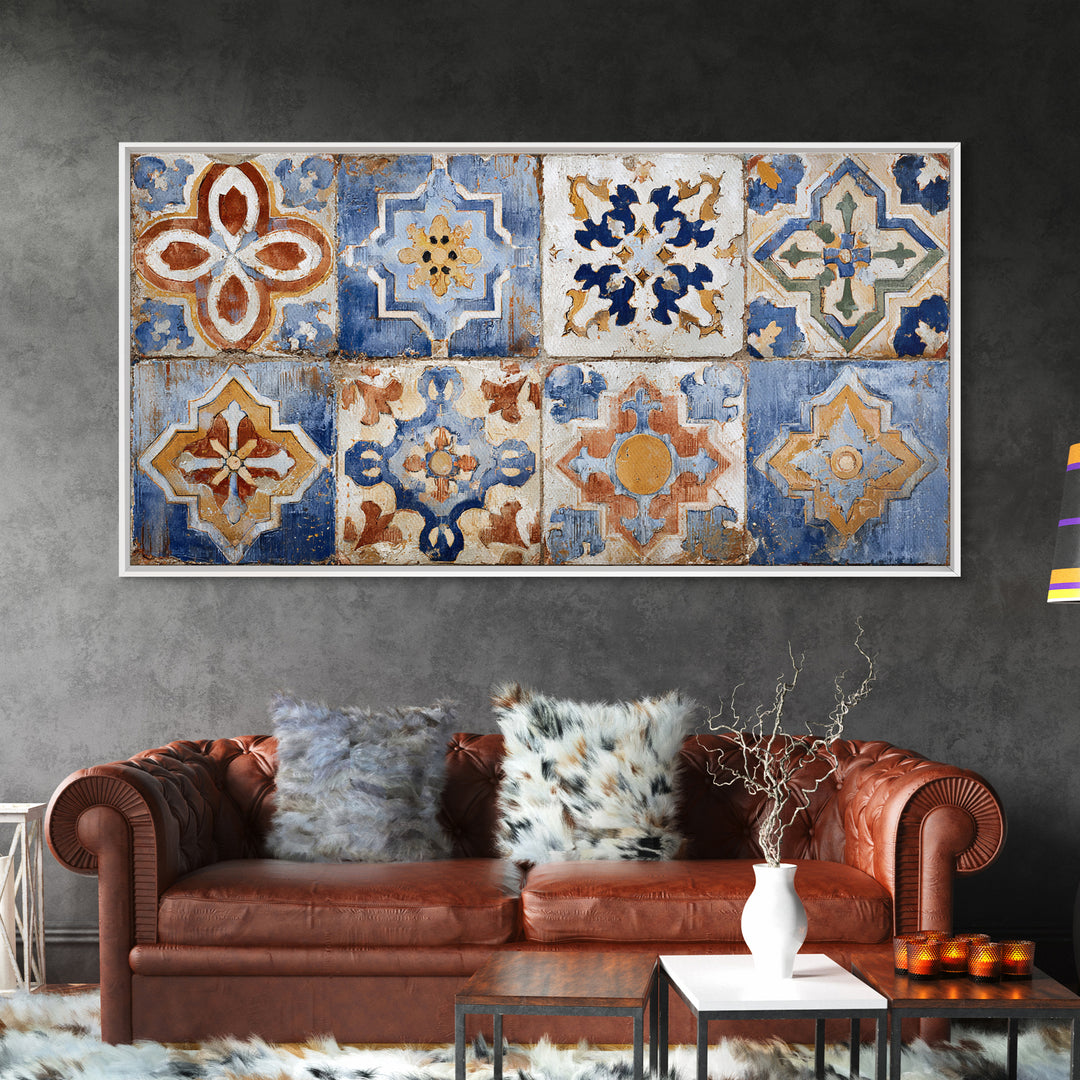 Spanish Tile Ornament Framed Canvas Print, Mediterranean Art, Coastal Wall Art, Living Room Decor, Azure, Living Room Art, MAR-2x1-84