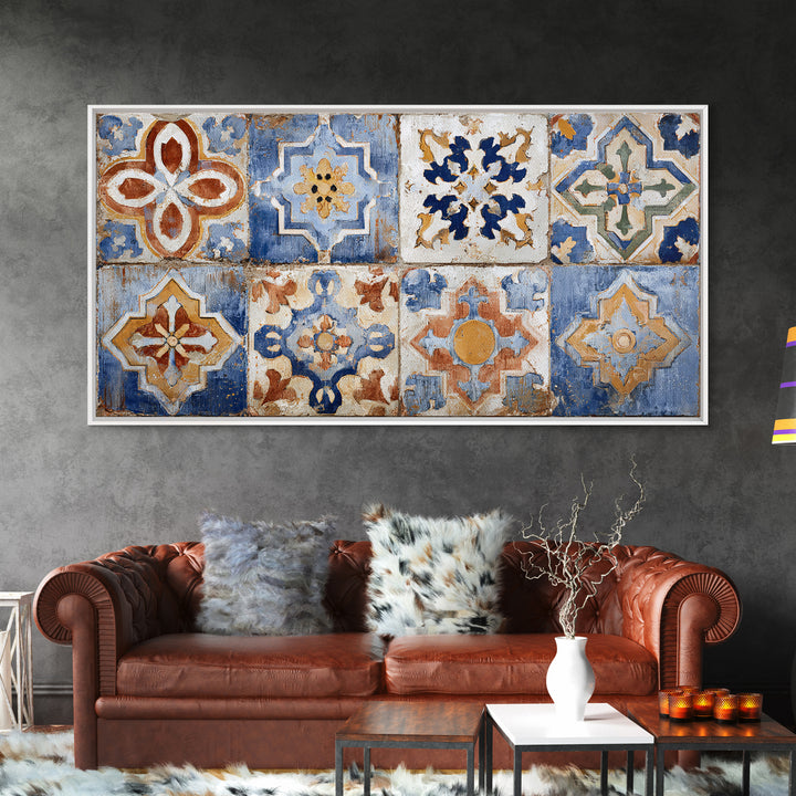 Spanish Tile Ornament Framed Canvas Print, Mediterranean Art, Coastal Wall Art, Living Room Decor, Azure, Living Room Art, MAR-2x1-84