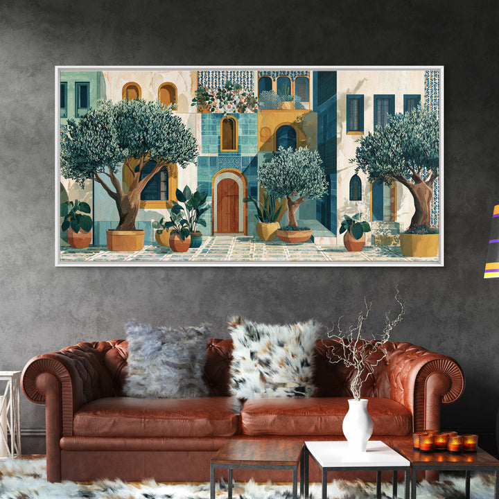Olive Grove under Pale Morning Light Framed Canvas Print, Mediterranean Art, Oil Painting, Living Room Decor, Fine Art, Azure, MAR-2x1-85