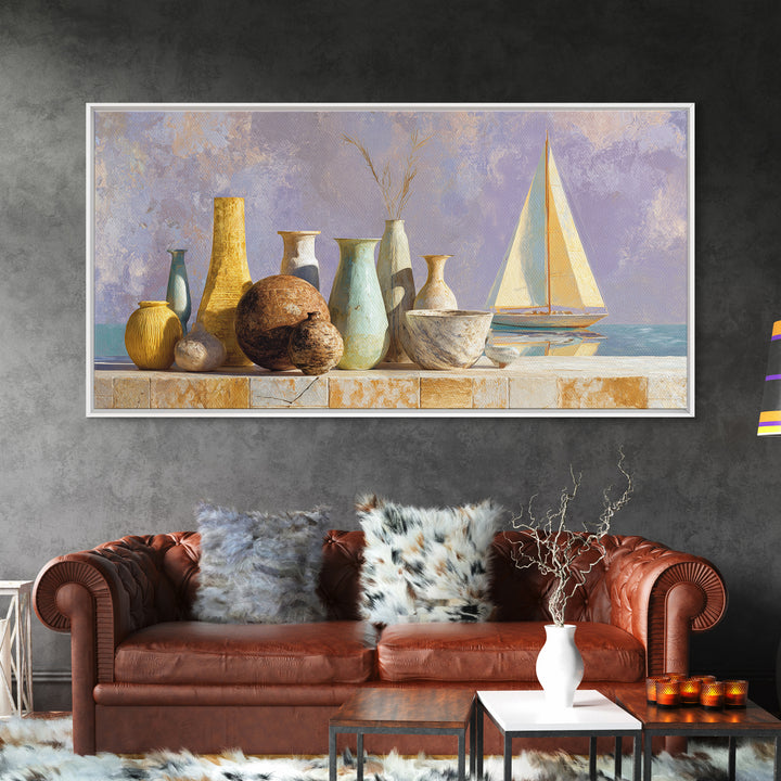 Mediterranean Sailboat on Glassy Water Framed Canvas Print, Mediterranean Art, Textured Painting, Living Room Decor, Azure, MAR-2x1-86