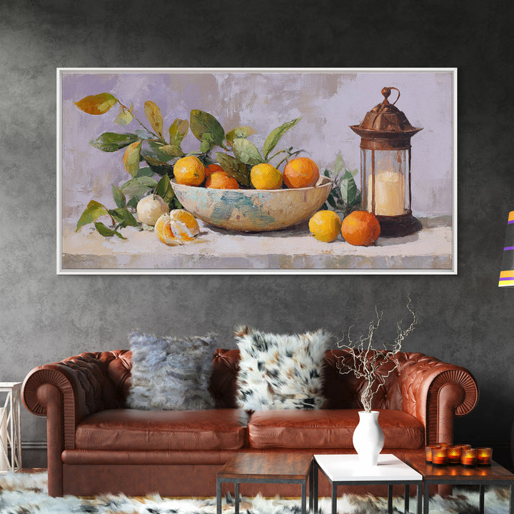 Ceramic Bowl of Oranges and Leaves Canvas Print, Mediterranean Art, Digital Wall Art, Living Room Decor, Fine Art, Azure, MAR-2x1-89