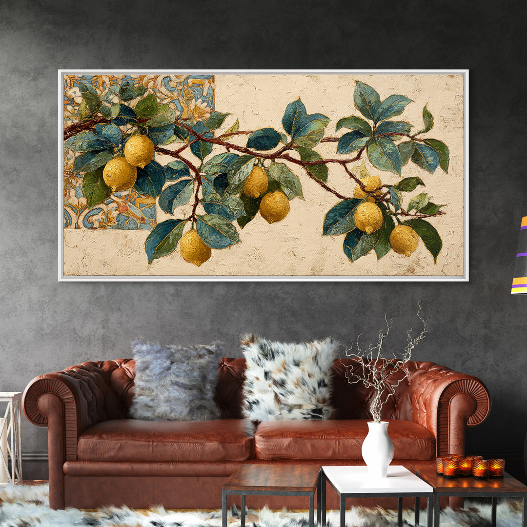 Sicilian Lemon Branch on Ivory Background Canvas Print, Mediterranean Art, Statement Artwork, Living Room Decor, Azure, MAR-2x1-9
