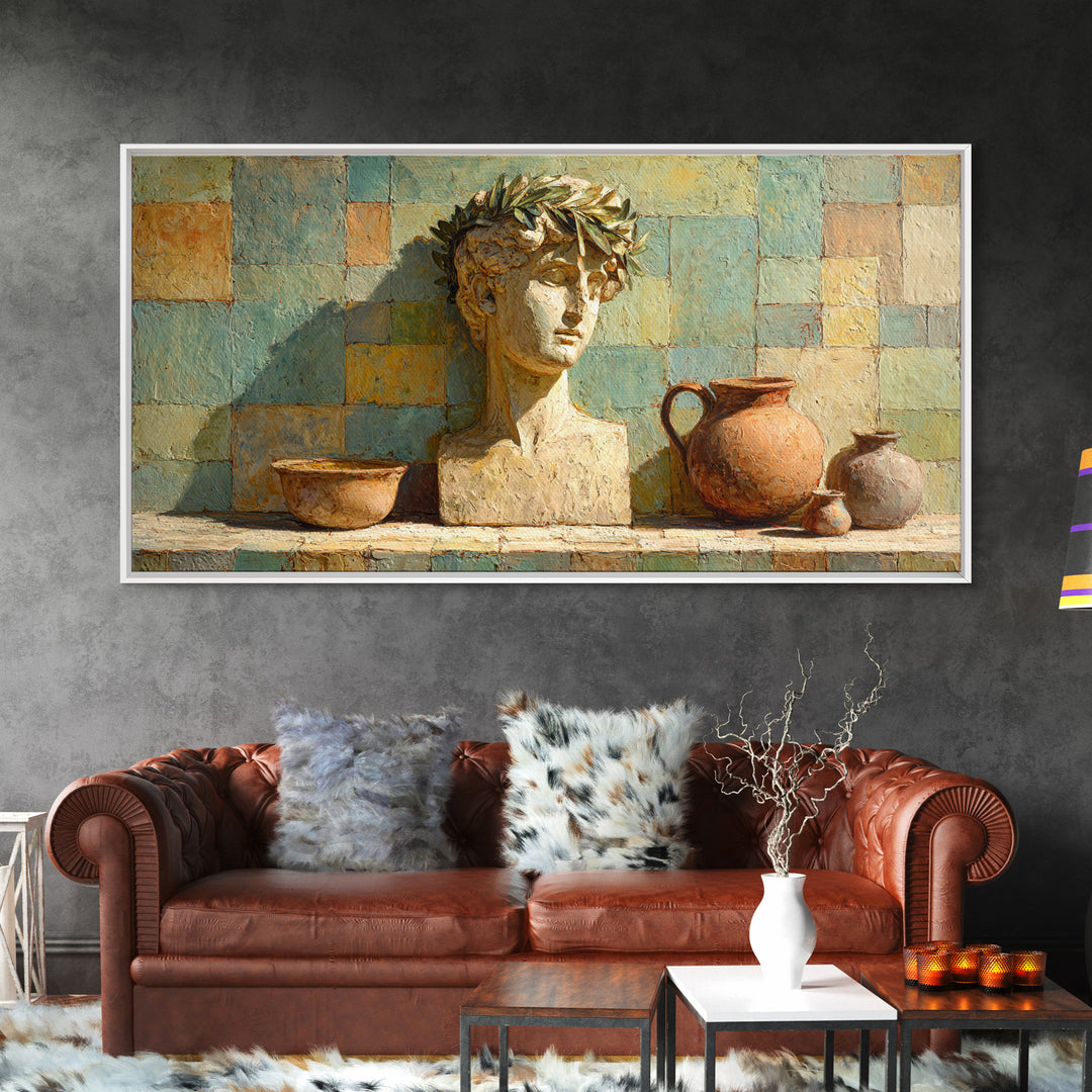 Roman Statue Bust Framed Canvas Print, Mediterranean Art, Living Room Decor, Oil Painting, Azure, Farmhouse Decor, MAR-2x1-90