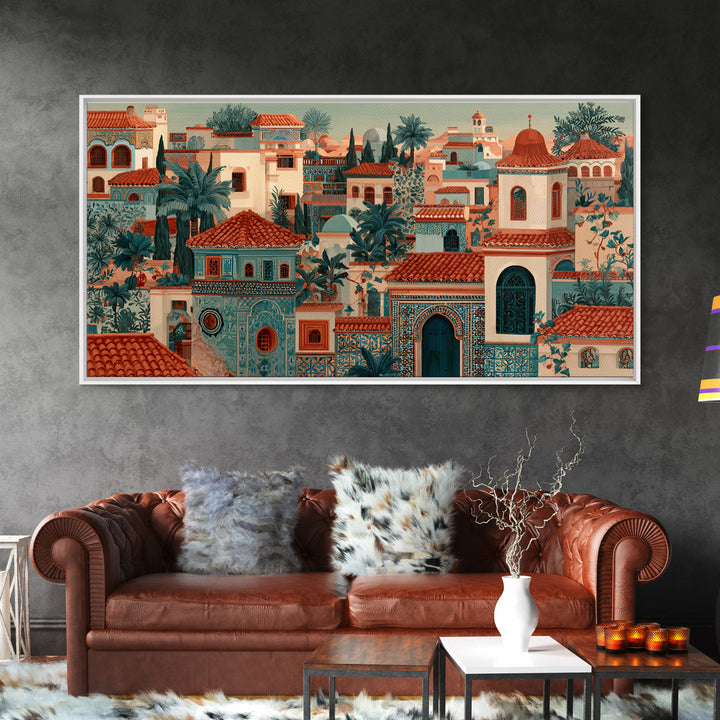 Sunset over Red Tiled Rooftops Framed Canvas Print, Mediterranean Art, Oil Painting, Living Room Decor, Fine Art, Azure, MAR-2x1-91