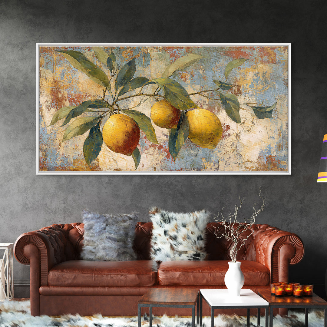 Olive Branch and Lemons on Terracotta Ground Canvas Print, Mediterranean Art, Minimalist Decor, Living Room Decor, Oil Painting, MAR-2x1-94