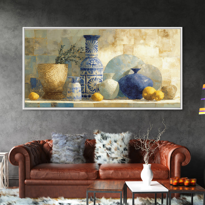 Blue and White Tile Pattern Framed Canvas Print, Mediterranean Art, Coastal Decor, Living Room Decor, Oil Painting, Azure, MAR-2x1-96