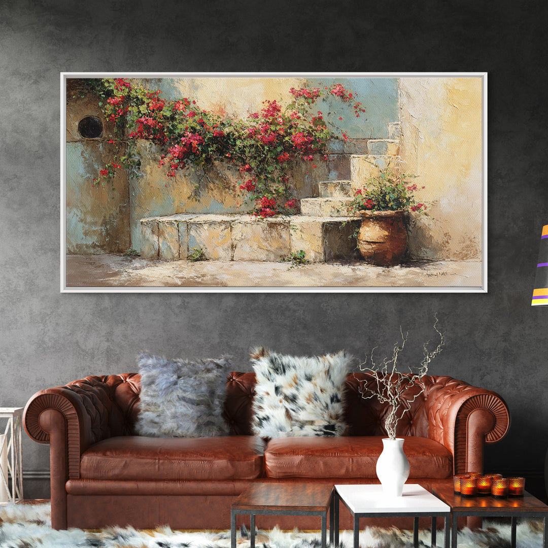 Bougainvillea Cascading over Stone Wall Framed Canvas Print, Mediterranean Art, Framed Wall Art, Living Room Decor, Azure, MAR-2x1-97