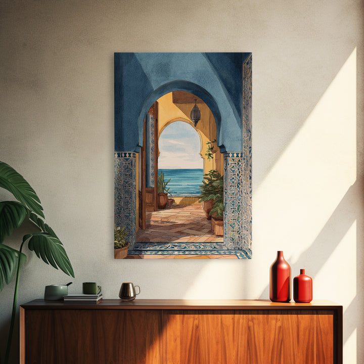 Mediterranean Arch Framing Ocean Horizon Canvas Print, Mediterranean Art, Coastal Decor, Living Room Decor, Fine Art, Azure, MAR-2x3-11