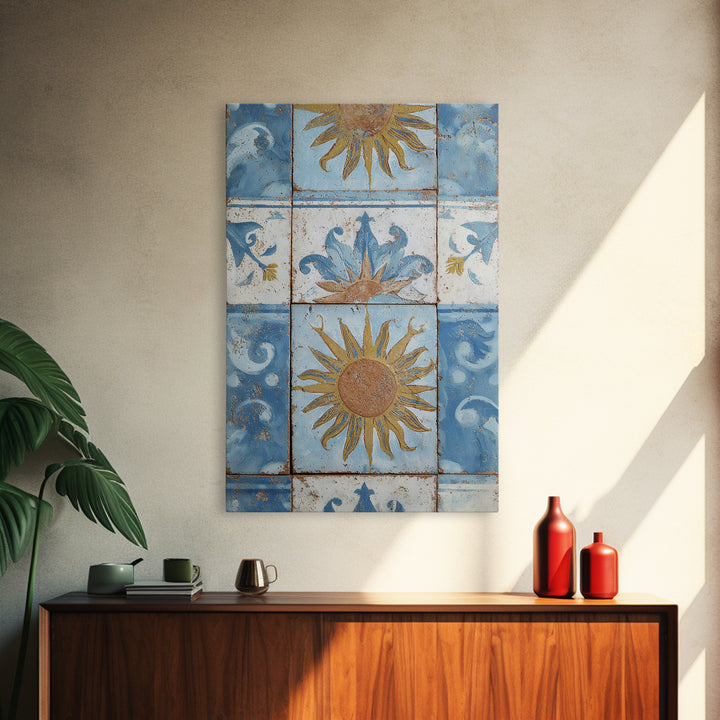 Blue and White Tile Pattern Framed Canvas Print, Mediterranean Art, Fine Art Print, Living Room Decor, Oil Painting, Azure, MAR-2x3-12