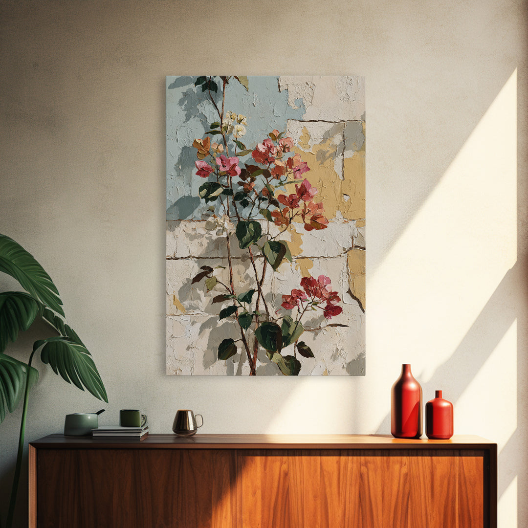 Bougainvillea Cascading over Stone Wall Framed Canvas Print, Mediterranean Art, Room Decor, Living Room Decor, Fine Art, Azure, MAR-2x3-13