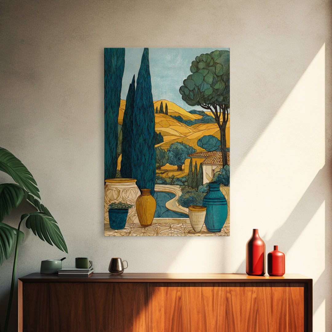 Tuscan Cypress Trees and Golden Hillside Canvas Print, Mediterranean Art, Modern Decor, Living Room Decor, Oil Painting, Azure, MAR-2x3-14