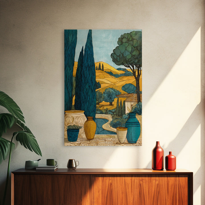 Tuscan Cypress Trees and Golden Hillside Canvas Print, Mediterranean Art, Modern Decor, Living Room Decor, Oil Painting, Azure, MAR-2x3-14