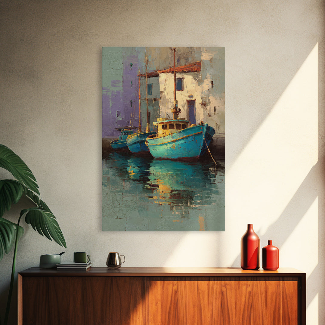 Coastal Fishing Boats Canvas Print, Mediterranean Art, Minimalist Wall Art, Living Room Decor, Fine Art, Azure, Neutral Decor, MAR-2x3-15