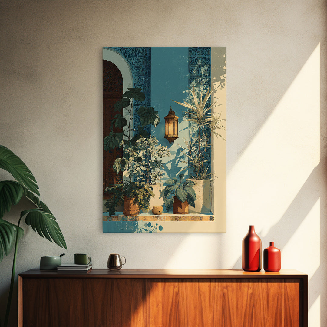 Moroccan Influenced Lantern Framed Canvas Print, Mediterranean Art, Textured Painting, Living Room Decor, Abstract Art, Azure, MAR-2x3-17