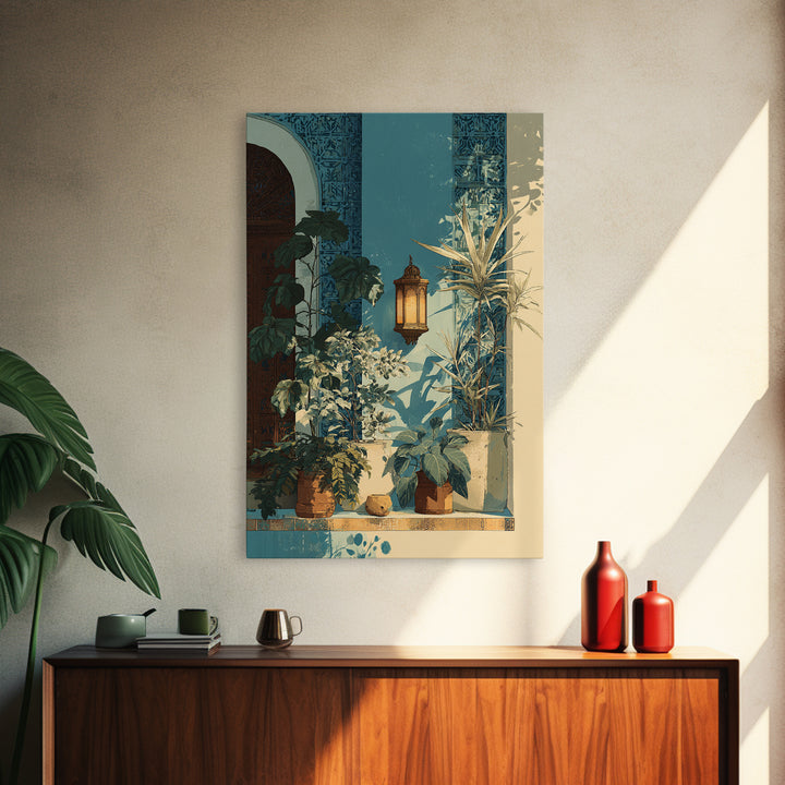 Moroccan Influenced Lantern Framed Canvas Print, Mediterranean Art, Textured Painting, Living Room Decor, Abstract Art, Azure, MAR-2x3-17