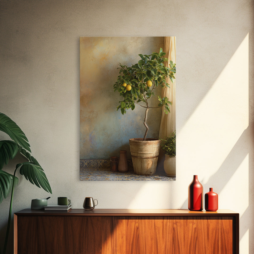 Citrus Tree in Clay Pot Framed Canvas Print, Mediterranean Art, Fine Art Print, Living Room Decor, Watercolor Art, Azure, MAR-2x3-18