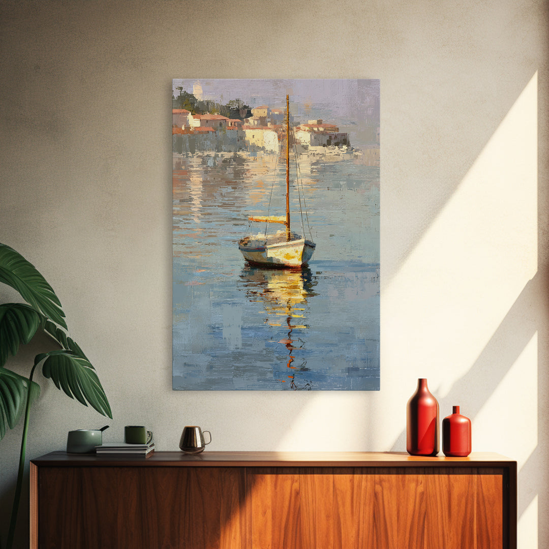 Mediterranean Sailboat on Glassy Water Framed Canvas Print, Mediterranean Art, Gallery Decor, Living Room Decor, Abstract Art, MAR-2x3-2