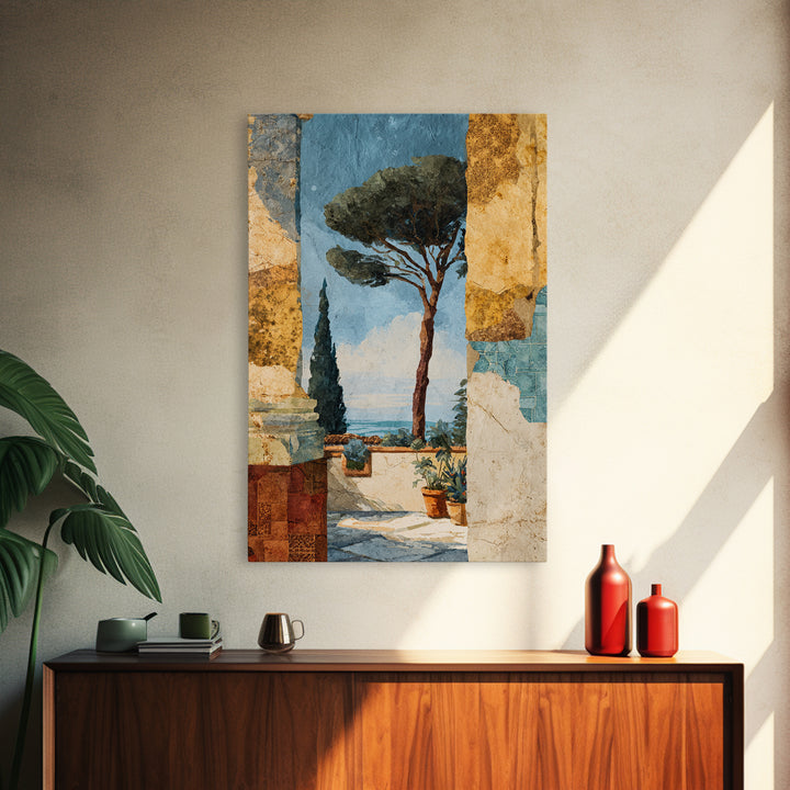Ancient Column with Sea and Sky Beyond Framed Canvas Print, Mediterranean Art, Living Room Decor, Oil Painting, Azure, MAR-2x3-20