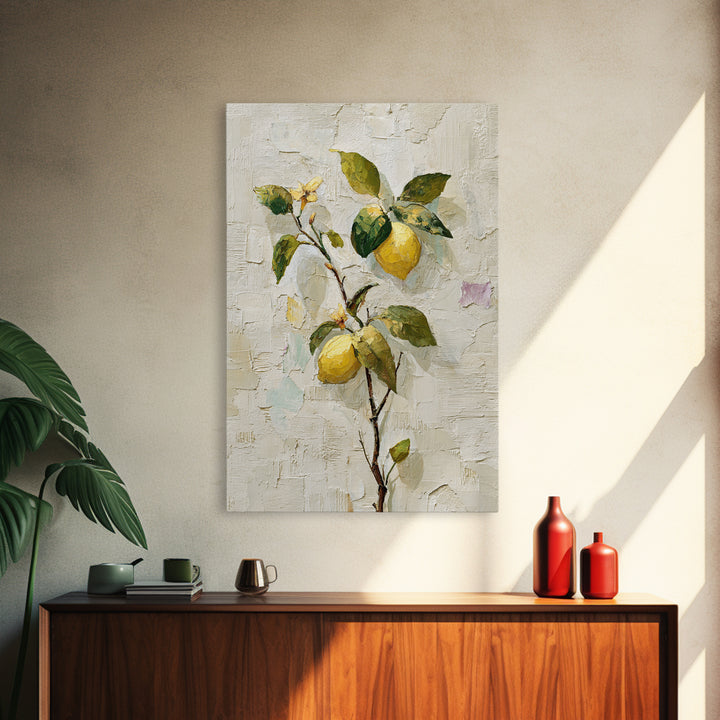 Sicilian Lemon Branch on Ivory Background Framed Canvas Print, Mediterranean Art, Boho Decor, Living Room Decor, Azure, MAR-2x3-21