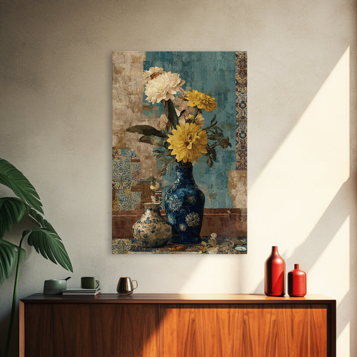 Greek Vase Modern Floral Design Canvas Print, Mediterranean Art, Coastal Wall Decor, Living Room Decor, Fine Art, Azure, MAR-2x3-23