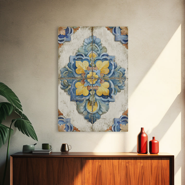 Spanish Tile Ornament Framed Canvas Print, Mediterranean Art, Nautical Decor, Living Room Decor, Azure, Coastal Wall Decor, MAR-2x3-24