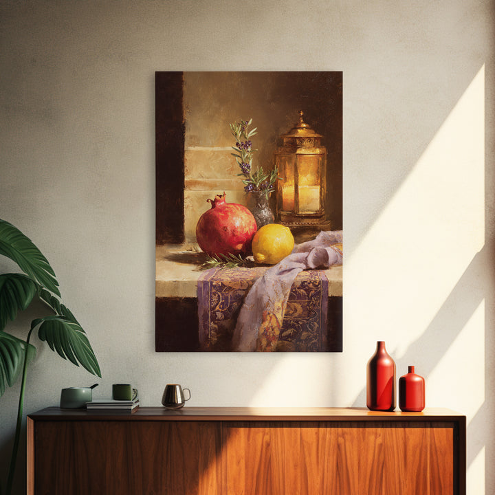 Pomegranate Still Life Canvas Print, Mediterranean Art, Coastal Art, Living Room Decor, Watercolor Art, Azure, MAR-2x3-27