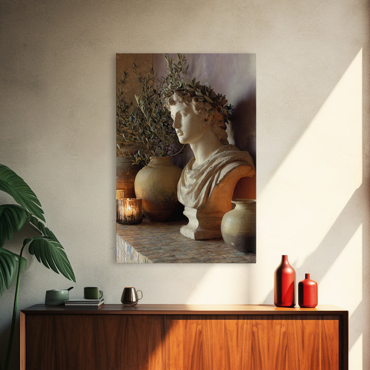 Roman Statue Bust Framed Canvas Print, Mediterranean Art, Wall Decor, Living Room Decor, Fine Art, Azure, Contemporary Art, MAR-2x3-30