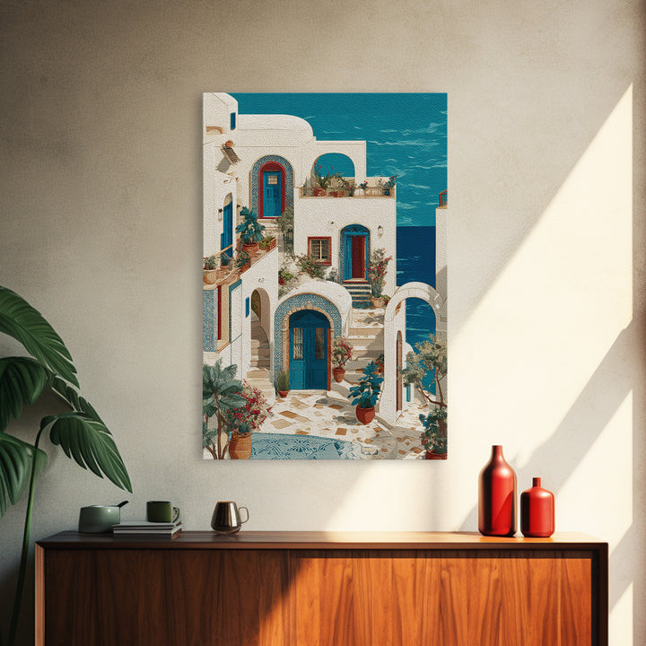Greek Island White Buildings Above Blue Sea Framed Canvas Print, Mediterranean Art, Living Room Decor, Watercolor Art, Azure, MAR-2x3-33