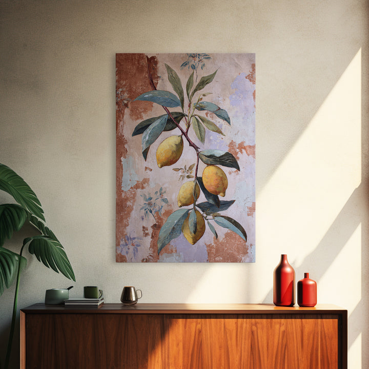 Olive Branch and Lemons on Terracotta Ground Canvas Print, Mediterranean Art, Luxury Decor, Living Room Decor, Azure, MAR-2x3-34