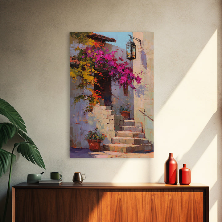 Bougainvillea Cascading over Stone Wall Framed Canvas Print, Mediterranean Art, Room Decor, Living Room Decor, Fine Art, Azure, MAR-2x3-37