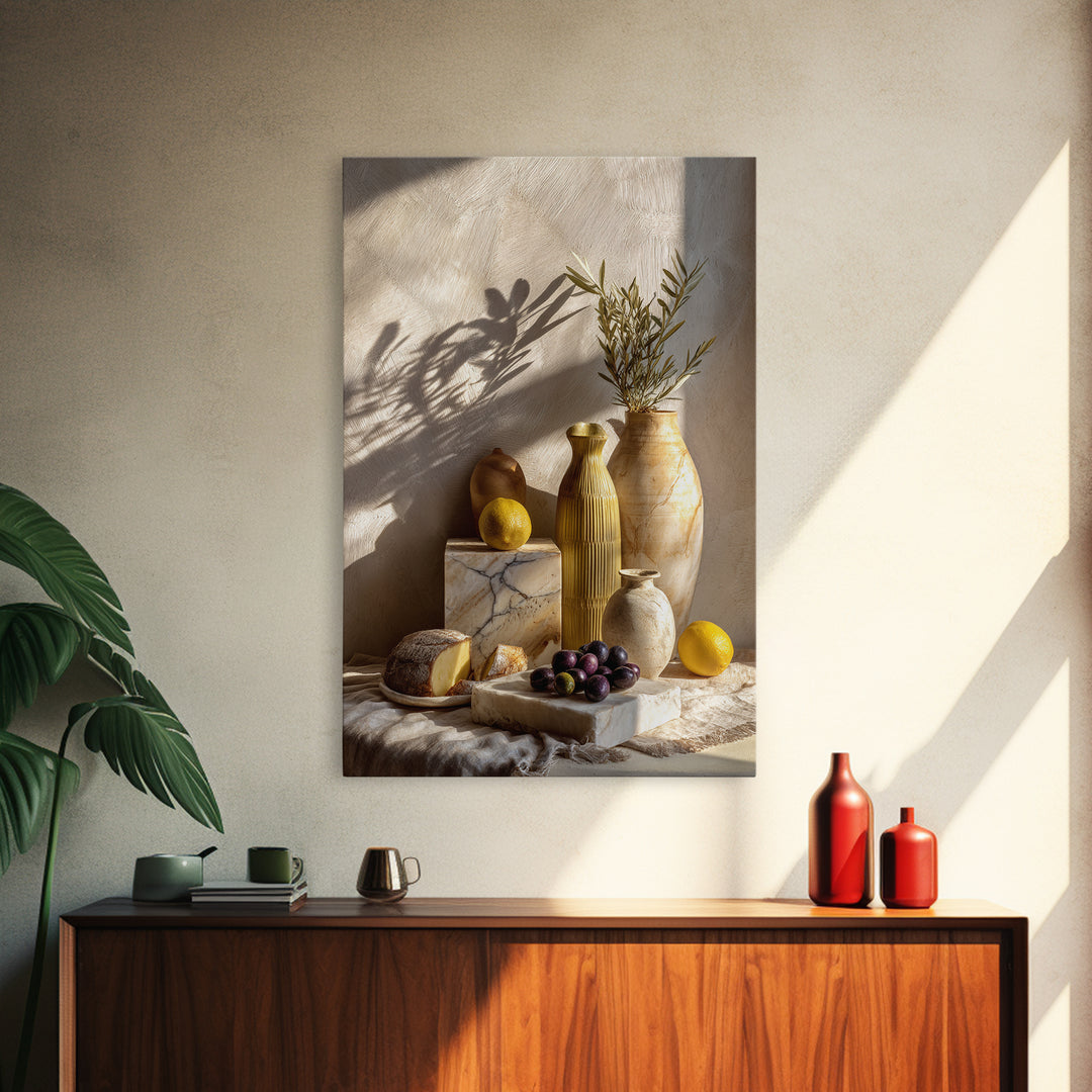 Figs Olives and Cheese Still Life Canvas Print, Mediterranean Art, Landscape Wall Art, Living Room Decor, Fine Art, Azure, MAR-2x3-40