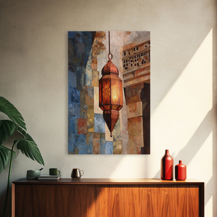 Moroccan Influenced Lantern Framed Canvas Print, Mediterranean Art, Textured Painting, Living Room Decor, Abstract Art, Azure, MAR-2x3-41