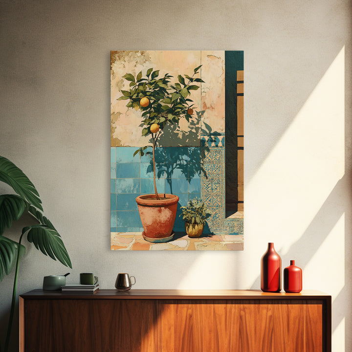 Citrus Tree in Clay Pot Framed Canvas Print, Mediterranean Art, Fine Art Print, Living Room Decor, Watercolor Art, Azure, MAR-2x3-42