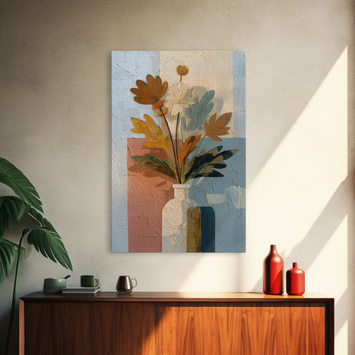 Greek Vase Modern Floral Design Framed Canvas Print, Mediterranean Art, Modern Decor, Living Room Decor, Fine Art, Azure, MAR-2x3-47