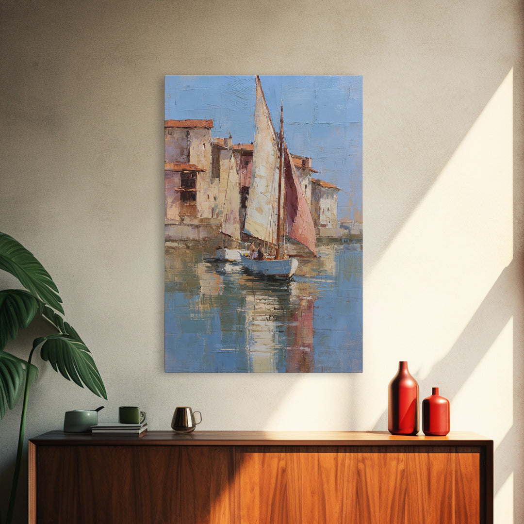 Mediterranean Sailboat on Glassy Water Canvas Print, Mediterranean Art, Boho Decor, Living Room Decor, Fine Art, Azure, MAR-2x3-50
