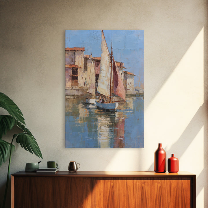 Mediterranean Sailboat on Glassy Water Canvas Print, Mediterranean Art, Boho Decor, Living Room Decor, Fine Art, Azure, MAR-2x3-50