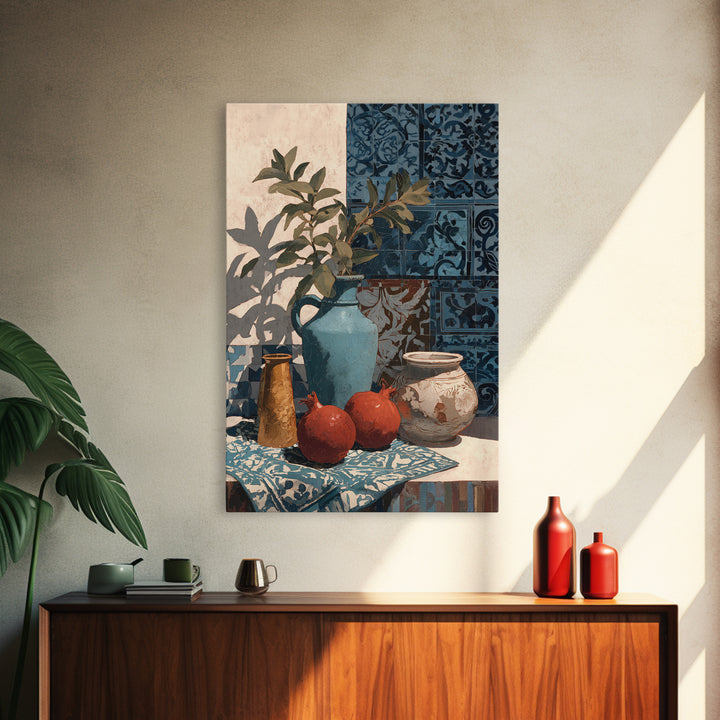 Pomegranate Still Life Framed Canvas Print, Mediterranean Art, Living Room Art, Living Room Decor, Oil Painting, Azure, MAR-2x3-51