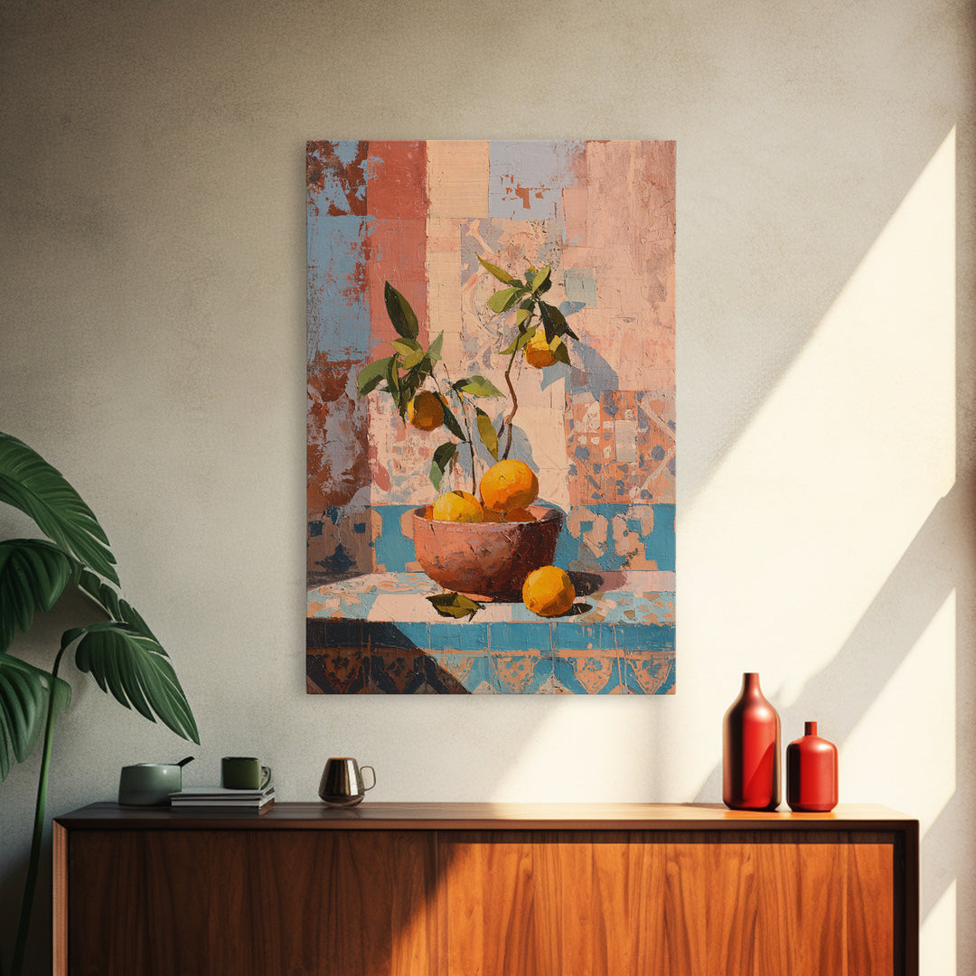 Ceramic Bowl of Oranges and Leaves Framed Canvas Print, Mediterranean Art, Living Room Decor, Oil Painting, Azure, MAR-2x3-53