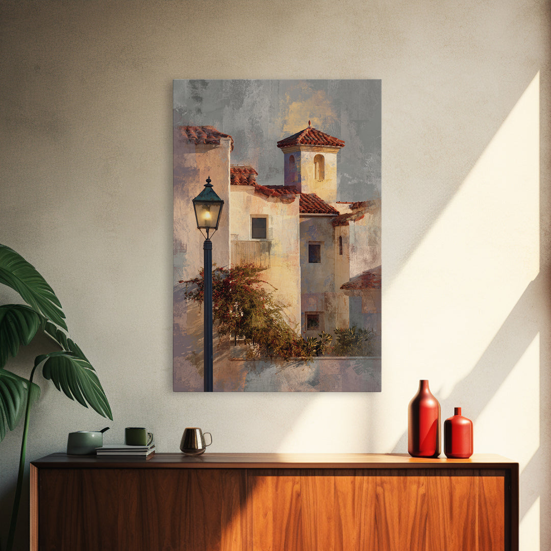 Sunset over Red Tiled Rooftops Framed Canvas Print, Mediterranean Art, Travel Poster, Living Room Decor, Fine Art, Azure, MAR-2x3-55